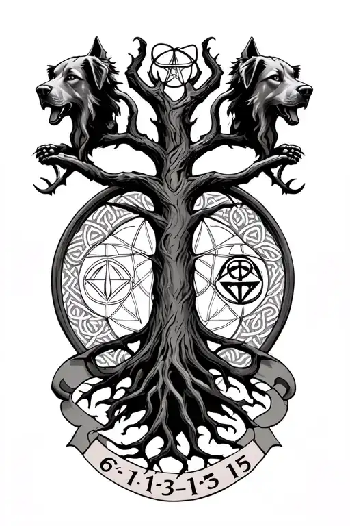 Cerberus the 3 headed dog guarding a wiccan celtic tree of life with the gemini symbol in it and  the date 6-13-15 tattoo design idea