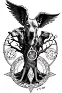 Cerberus the 3 headed dog guarding a wiccan celtic tree of life with the gemini symbol in it and  the date 6-13-15 tattoo design idea