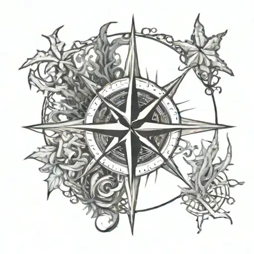compass rose intertwined with seaweed and starfish  tattoo design idea