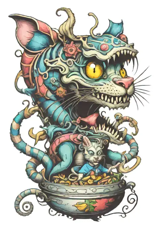 Alice in wonderland smoking a blunt that looks like a caterpillar riding the Cheshire cat in mad Max theme sternum piece tattoo design idea