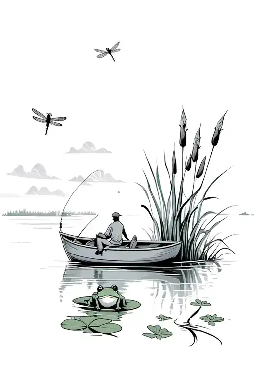 fresh water front during sunrise  with frog on lily pad and cattails and dragonflies with couple on boat fishing  tattoo design idea