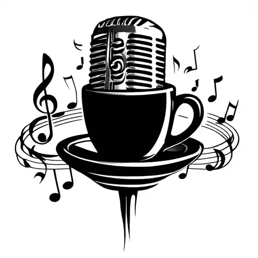 A tattoo design featuring a microphone intertwined with musical notes and a coffee cup, symbolizing your love for music and your occupation as a waiter tattoo design idea