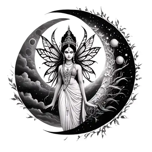 Khmer Fairy In Moon phases tattoo design idea