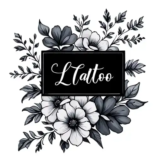 the last name box in cursive with smal l flowers tattoo design idea