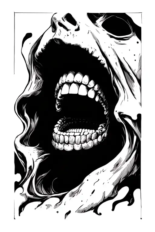 Gaping human mouth wide open filling my whole back, the inside of the mouth is with skeleton inside forcing his way out  tattoo design idea