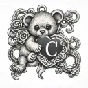 charm bracelet with initials C , heart, teddy tattoo design idea