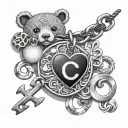 charm bracelet with initials C , heart, teddy tattoo design idea