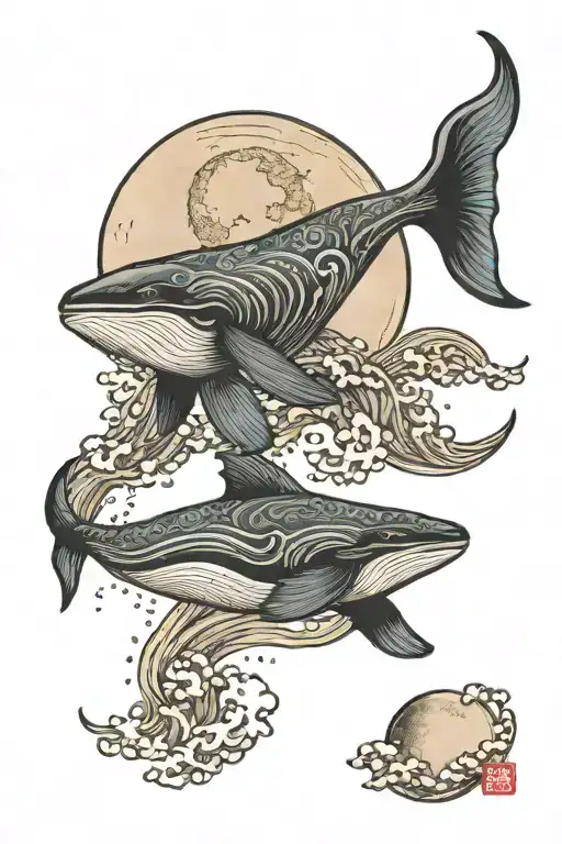 Humpback whale flying by moon tattoo design idea