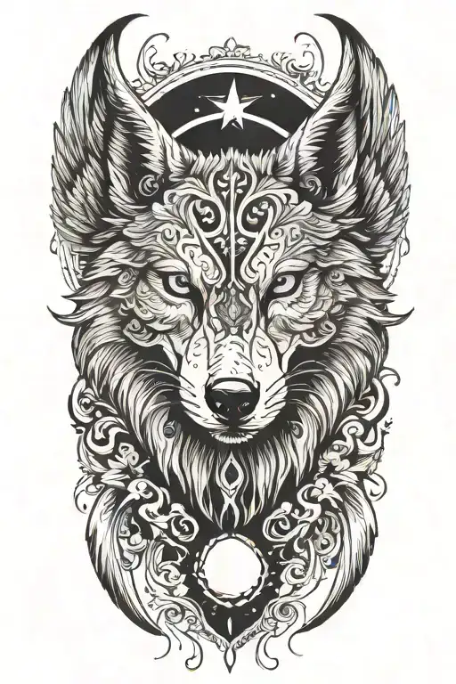 Wolf head with wings and crescent moon tattoo design idea