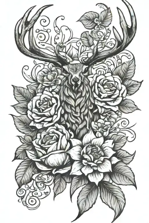 deer antler turkey feather roses water lily intertwined tattoo design idea