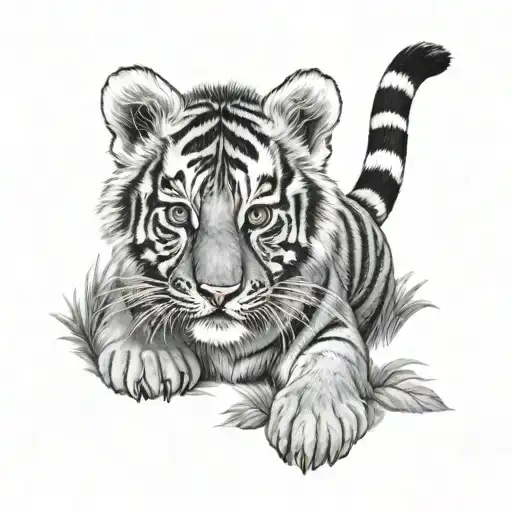 Tiger cub realistic black and grey tattoo design idea
