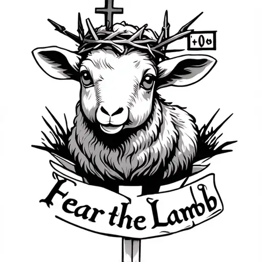 7 eyed Lamb with a Cross, wearing crown of thorns, with text "Fear the Lamb" tattoo design idea