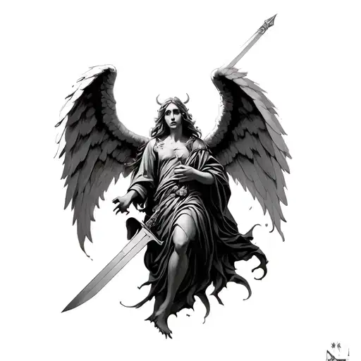 angel with sword over demon  tattoo design idea