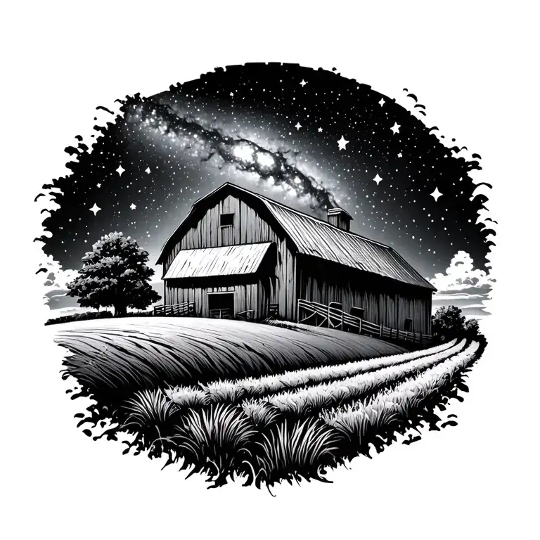 farm with barn and field with galaxy filled with stars tattoo design idea