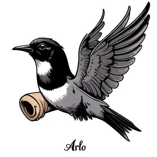 trad swallow tattoo, swallow holding scroll with the name "Arlo" in it tattoo design idea
