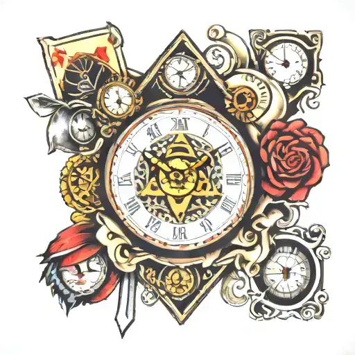 Clock, 777, pair of eyes, Ace card, 1996 tattoo design idea