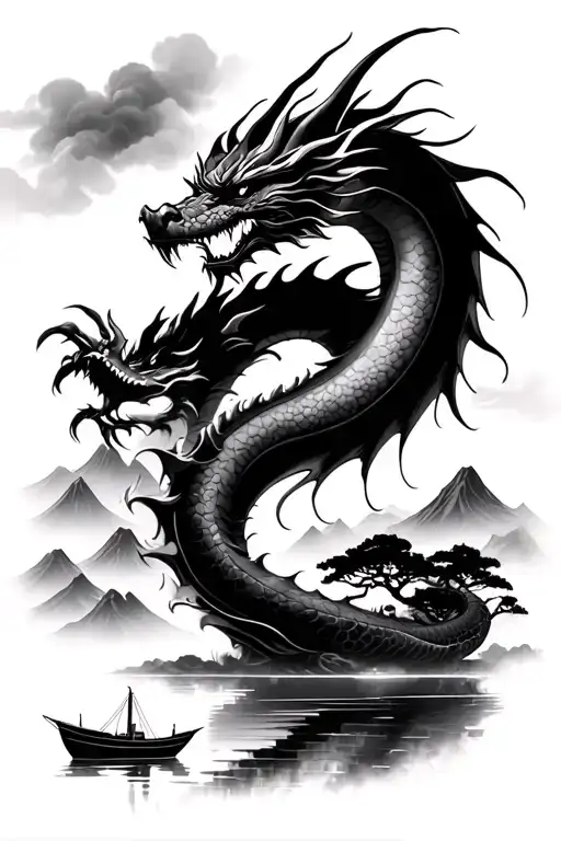 Dragon against the backdrop of the Japanese mountains and a lake with a boat in a fog tattoo design idea