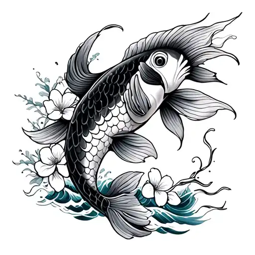 Koi fish tattoo with waves and cherry blossoms  tattoo design idea