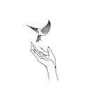 A delicate bird returning to an open hand reaching tattoo design idea