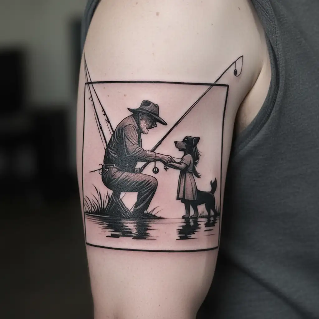 grandpa, granddaughter ,and dog fishing tattoo design idea