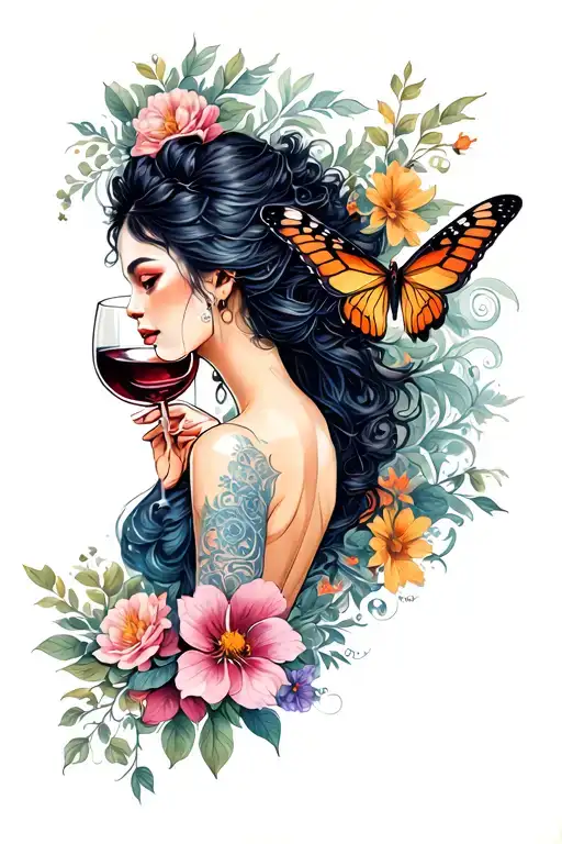 half butterfly, other half flowers, with woman's back drinking wine, dragons, rise up tattoo design idea