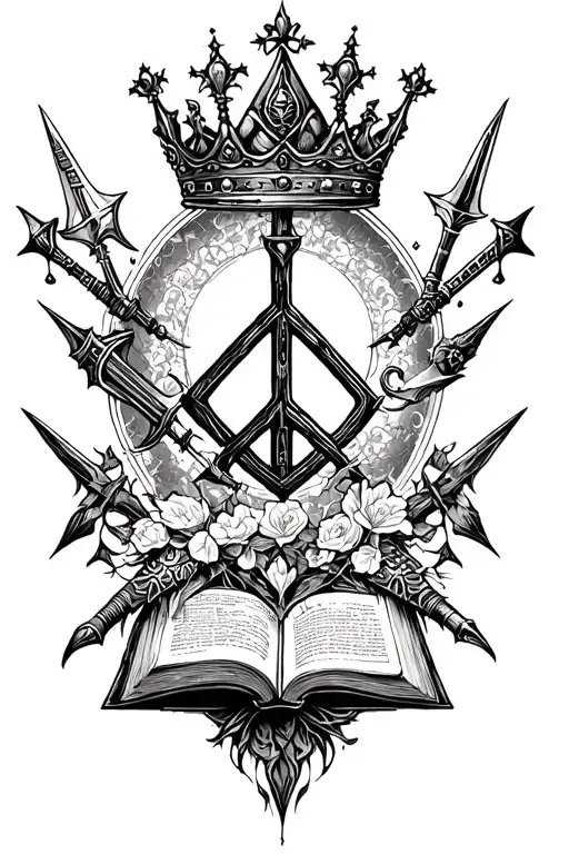 alchemy, peace, magic, crown, book, weapons tattoo design idea