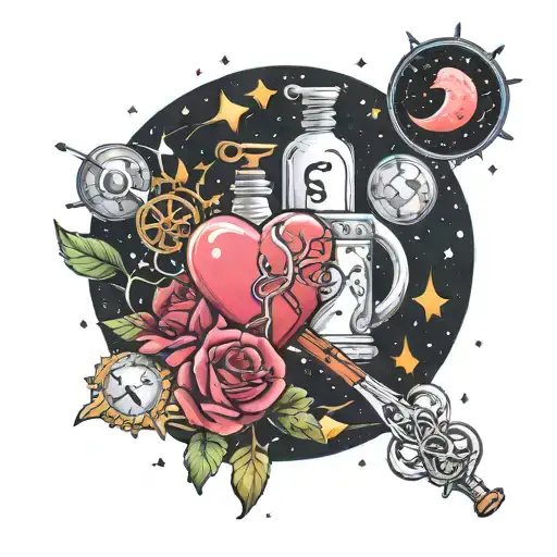A constellation of love-themed symbols intertwined with pharmacy tools tattoo design idea