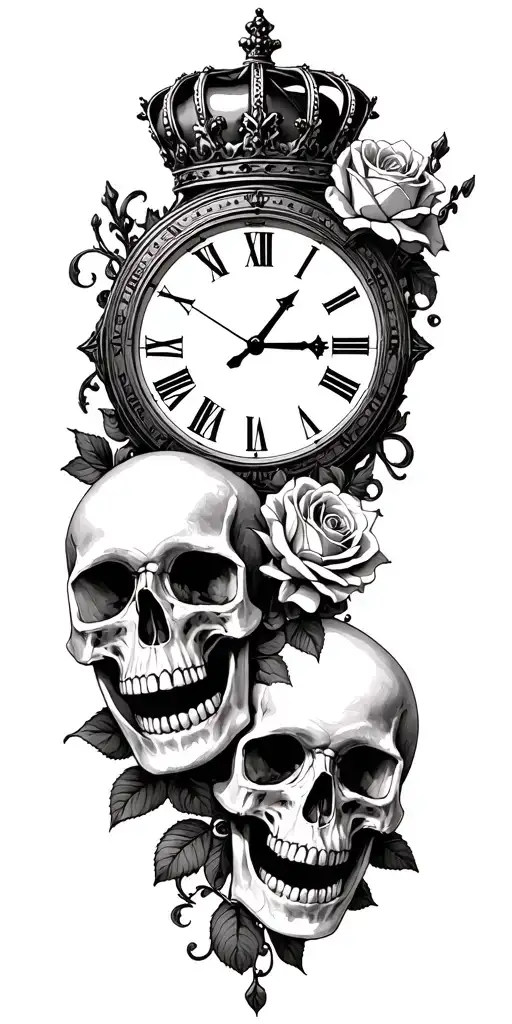 Roman numeral clock set to 7:07, two skulls wearing crowns, roses tattoo design idea