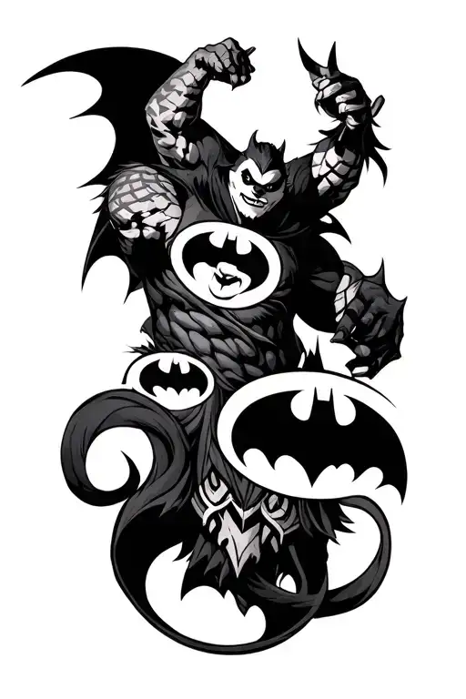 Design a full sleeve tattoo compromising of batman logo , tai lung from kungfu panda,asta's devil from black clover  ,ma tattoo design idea