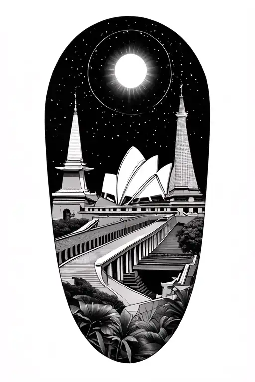 The pantheon, the Singapore gardens, Thai temples, Vietnam trains, the Great Wall, the Milky Way, Sydney opera house, ma tattoo design idea