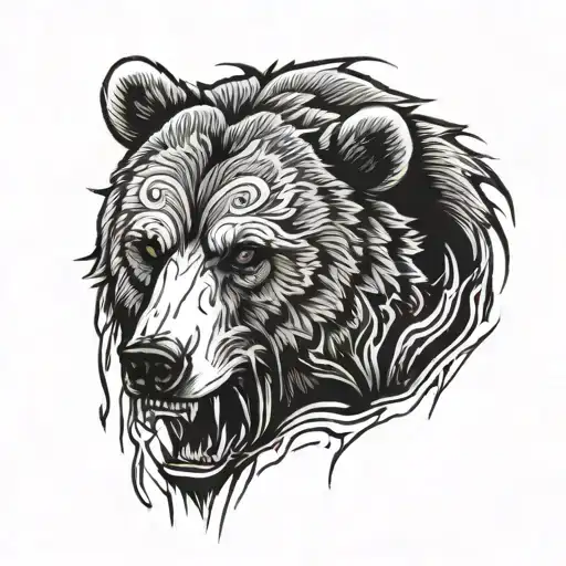 a bear with daggers in its mouth and white eyes tattoo design idea