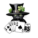 Black cat in a hat. 4 aces, a four-leaf clover, two dice, lucky inscription and the number 85 on it. tattoo design idea