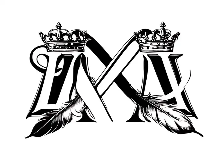 Mani Aruna with infinity symbol with feather and kings crown on letter M and Queens crown on letter A  tattoo design idea