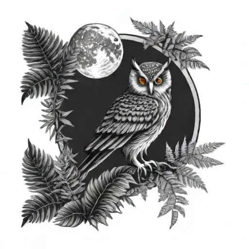 owl, fern, moon, new zealand fern tattoo design idea