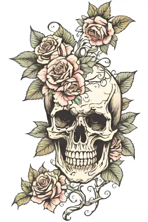 skull with flowers growing from cracks grows holy roses tattoo design idea