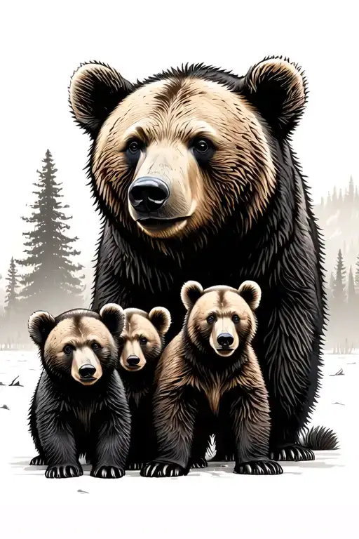 Bear Family with dad, mom, and  2 cubs in wilderness background.  tattoo design idea