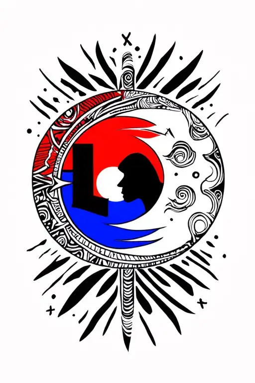 sun and moon, hot red, cold blue, haida style, afro, inscription letters l, f, m, a, tattoo design idea