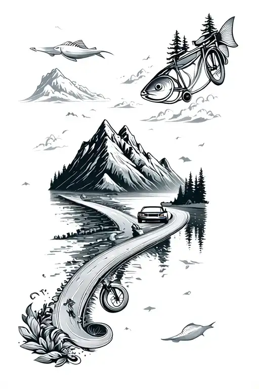 An infinity loop featuring a mountain on one side and a road on the other, with a bike, fish, and car integrated. tattoo design idea