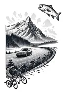 An infinity loop featuring a mountain on one side and a road on the other, with a bike, fish, and car integrated. tattoo design idea