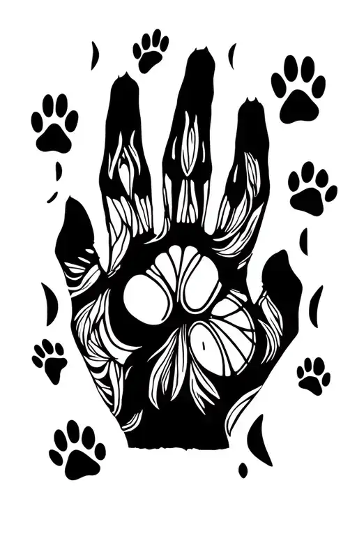 1. Upper part- Human hand (stylized, with flowing lines),- Fingers transition into husky paw prints (as if the hand is tattoo design idea
