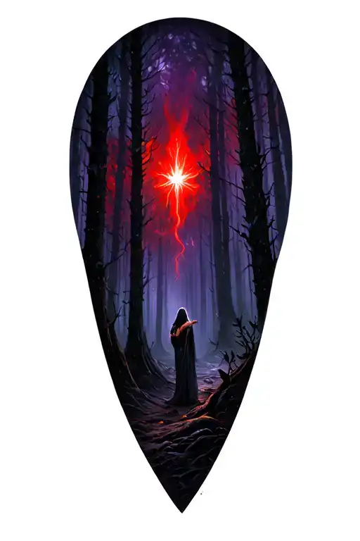 dark, mysterious, fantasy scene, red, purple, black, forest, deep, dangerous tattoo design idea