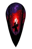 dark, mysterious, fantasy scene, red, purple, black, forest, deep, dangerous tattoo design idea