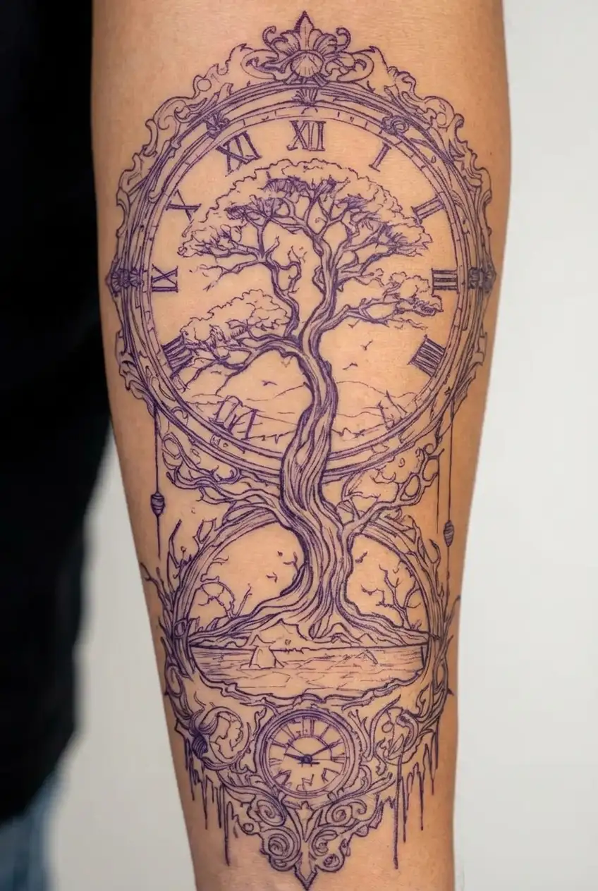 peace and lightining storm and time and nature tattoo design idea