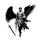 A minimalist geometric fine-line tattoo of an male angel holding a sword  tattoo design idea