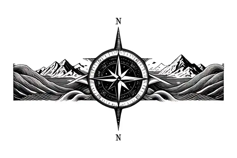 large compass with long north point surrounded by intricate geometric moutains and waves tattoo design idea