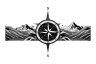 large compass with long north point surrounded by intricate geometric moutains and waves tattoo design idea