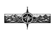 large compass with long north point surrounded by intricate geometric moutains and waves tattoo design idea