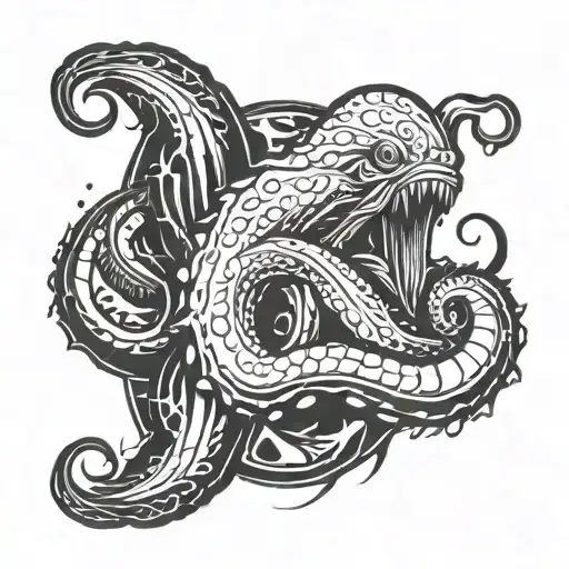 A majestic kraken emerging from a baseball diamond and hockey rink, embodying your love for the ocean and sports in a mythical way tattoo design idea