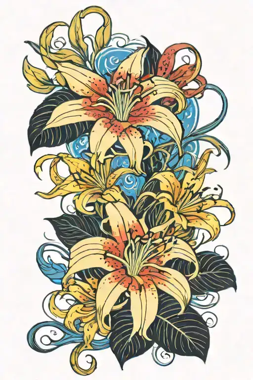 Sleeve with the White spider lily, Golden or yellow spider lily, Blue spider lily, and a Black spiderlily tattoo design idea