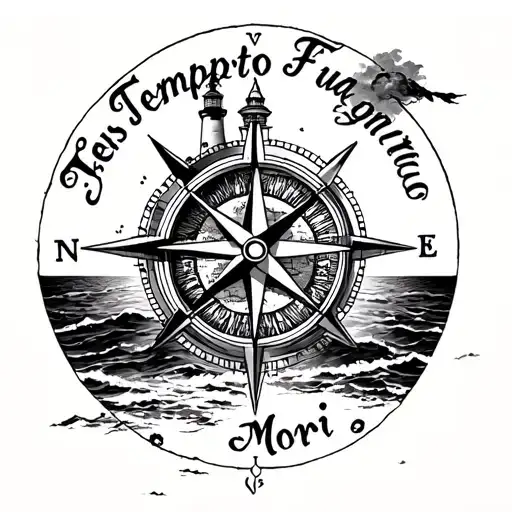 compass with a nautical map inside, text saying "Tempus Fugit Memento Mori", lighthouse, oceans, sunset tattoo design idea